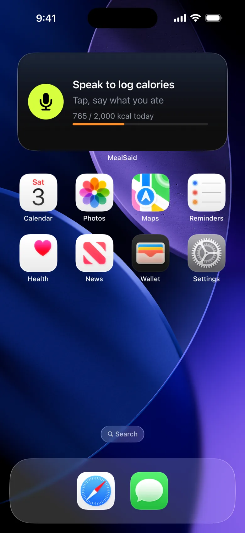 iPhone Home Screen with the MealSaid widget: Speak to log calories, 765 of 2,000 kcal today